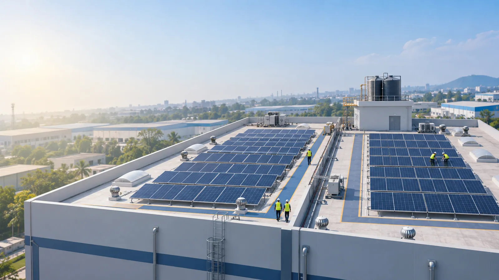 Aerial view of a factory roof split into two matching solar arrays on either side of a central service strip, with people in hard hats on the walkways, ventilators and a water tank on the roof.