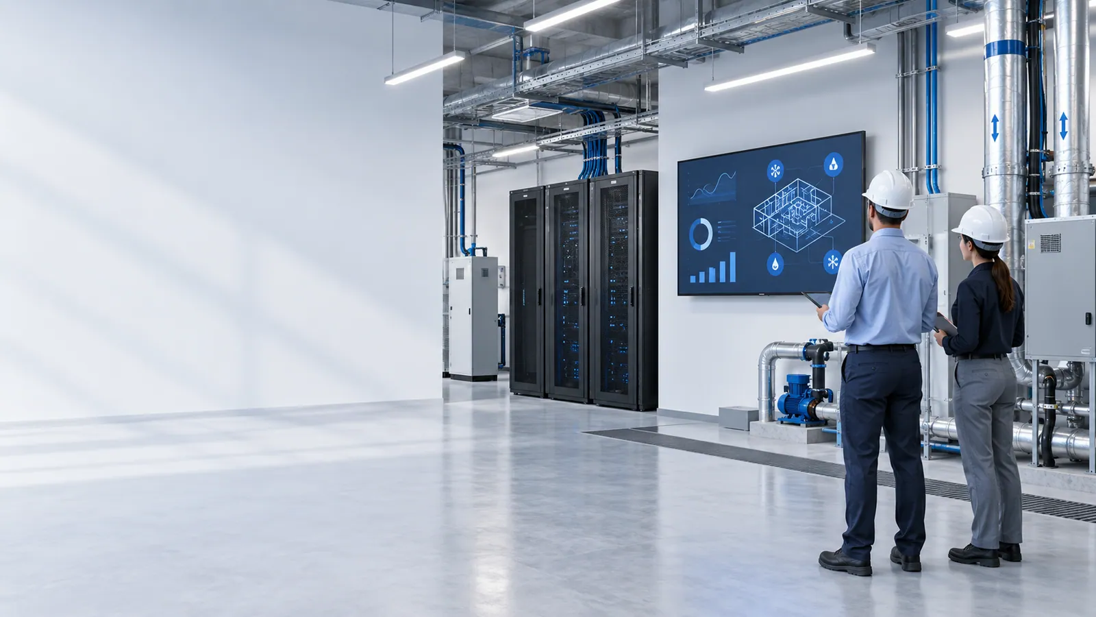 Two people in hard hats review an equipment dashboard of abstract charts and icons on a wall screen in a facility operations room with closed network racks, pumps and pipework.