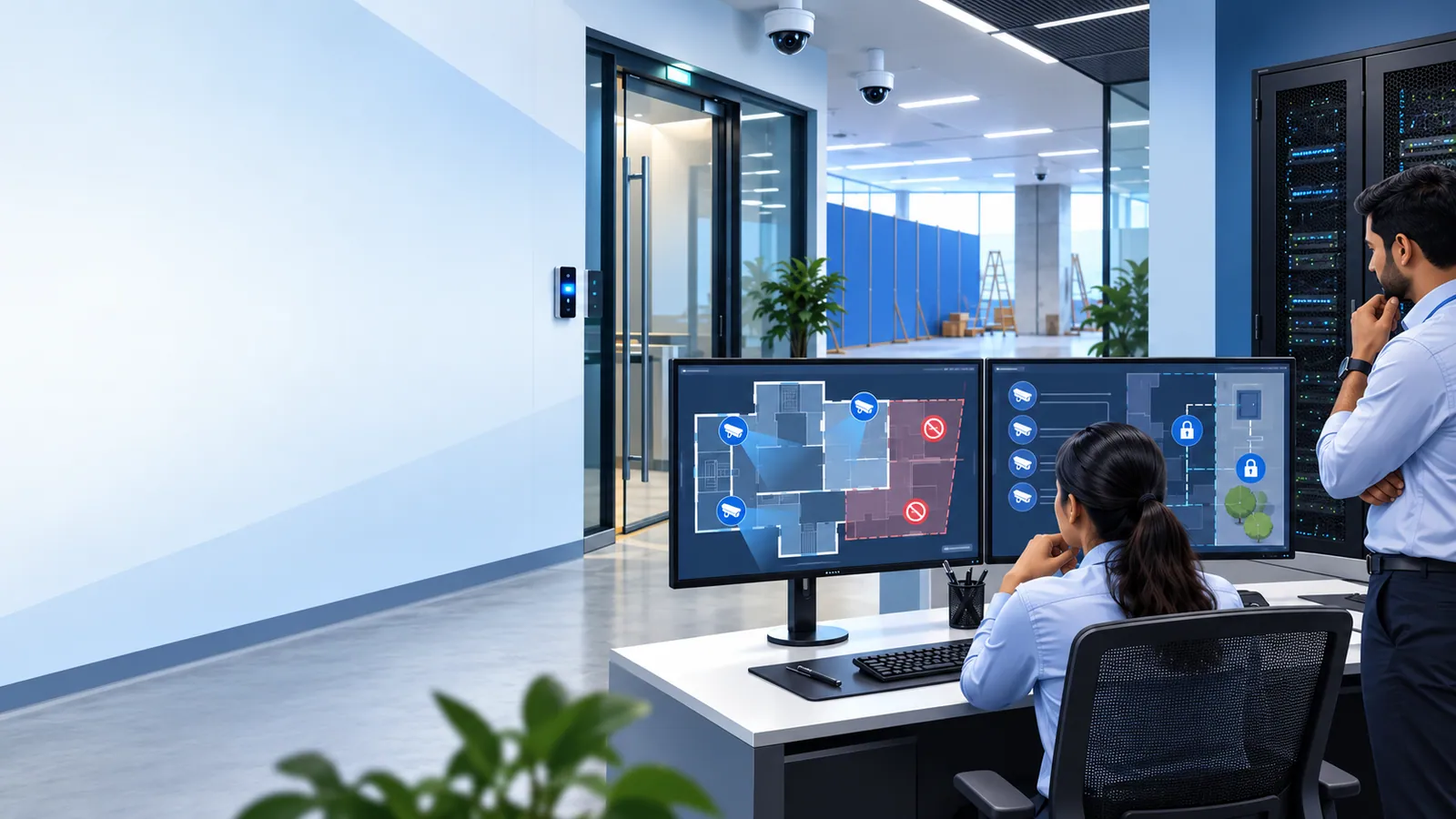 An operator watches two screens showing an abstract floor plan with camera and door-access icons in a security control room, a colleague standing beside her and a card reader by the glass door.
