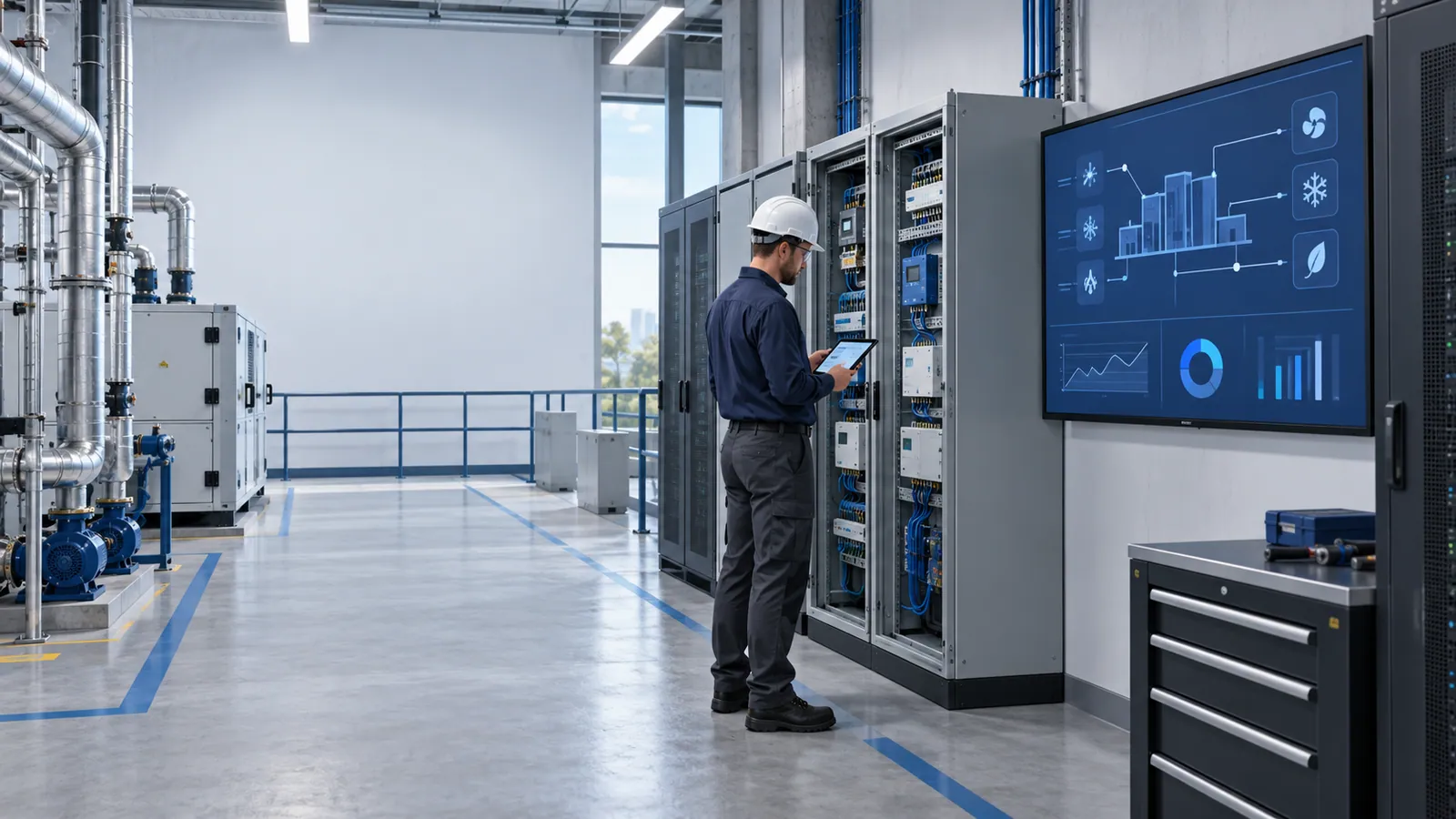 An engineer in a hard hat checks a tablet at an open building-controls panel full of controller modules, beside a wall screen of abstract system graphics for fans, cooling and energy, with pumps and air-handling units in the plant area behind.
