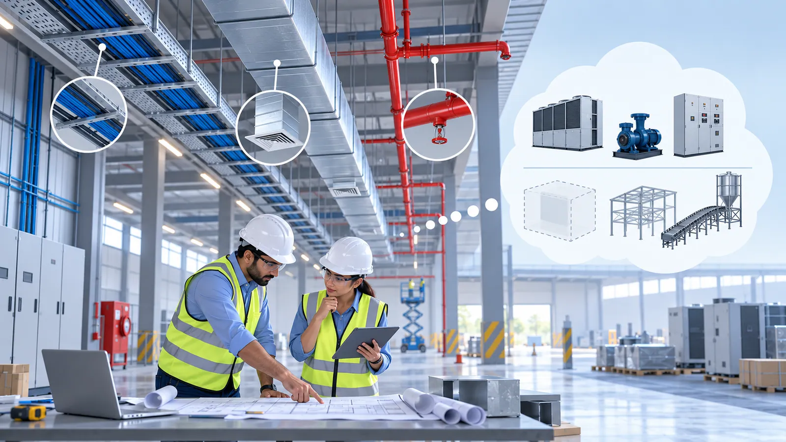 Two engineers in hard hats review a layout at a workbench in a factory hall; circular call-outs pick out a cable tray, a duct diffuser and a sprinkler overhead, and a panel to the right separates MEP equipment (chillers, a pump, switchgear) from items outside the services budget (structure, process conveyor and silo).