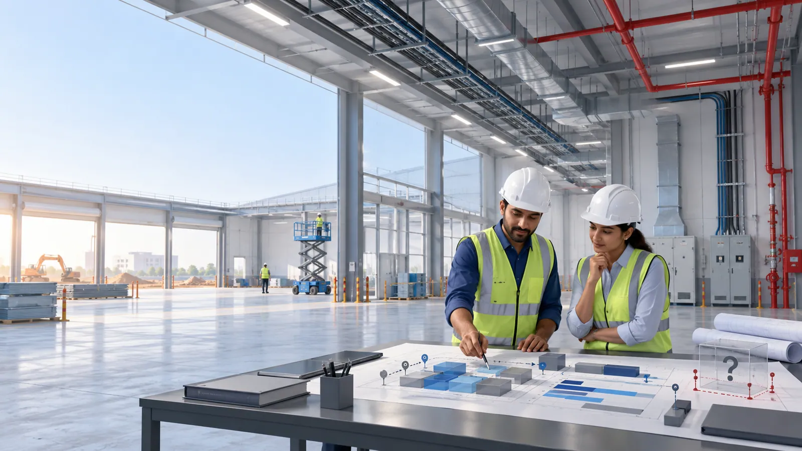 Two engineers in hard hats plan at a workbench over a board of sequenced blocks and milestone pins with one item marked by a question mark, in a new industrial hall where a scissor lift and site work continue behind them.