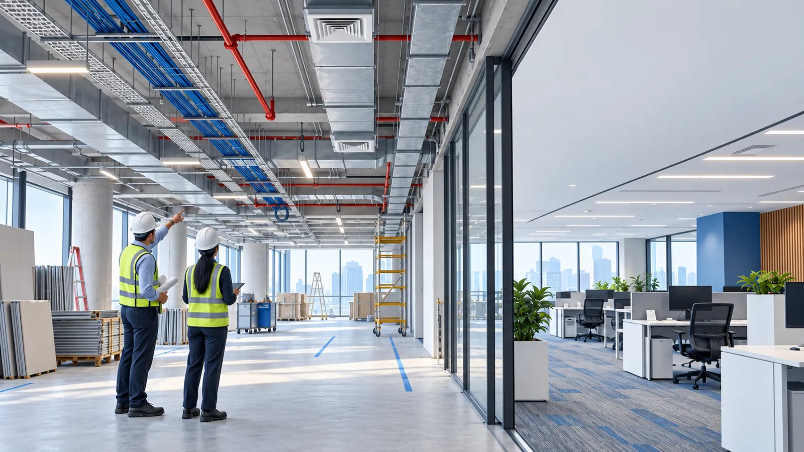 Two engineers in hard hats point up at exposed cable trays, ducts and red fire mains on an office floor being renovated, with stacked ceiling boards and a mobile scaffold nearby, beside a finished open-plan office behind a glass wall.
