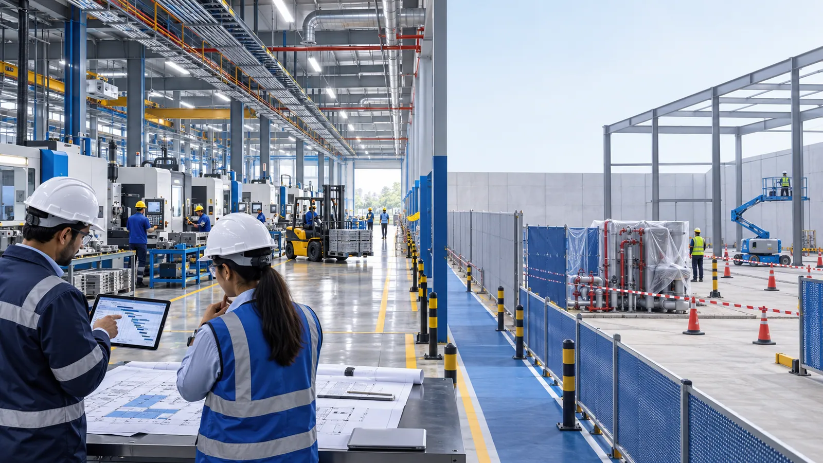 Two engineers in hard hats study a schedule on a tablet and layout drawings beside a running machine shop, while a fenced expansion bay next door holds wrapped new equipment, cones and a boom lift.