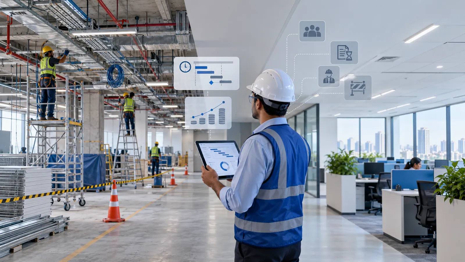 A site engineer in a hard hat holds a tablet on an office floor where renovation works continue behind barrier tape and cones on the left and a finished, occupied office sits on the right, with floating icons of a clock and schedule, a rising bar chart, a document and a closed barrier.