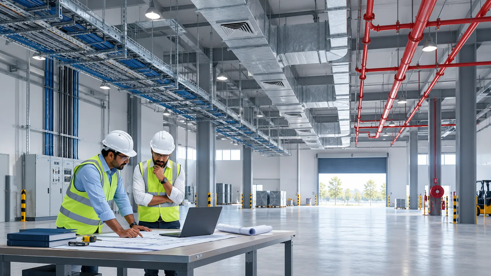 Two engineers in hard hats compare drawings and bound documents with a laptop at a workbench in a new factory hall, with cable trays, ventilation ducts and red fire mains on separate overhead routes.
