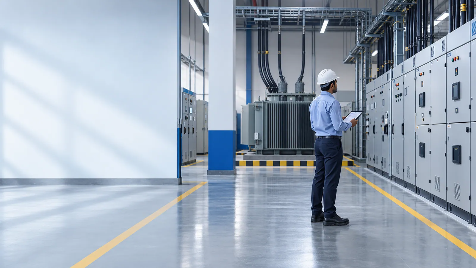 An engineer in a hard hat checks a tablet in a clean electrical room, standing in a marked aisle between a row of closed switchgear panels and a transformer set behind hatched floor markings.