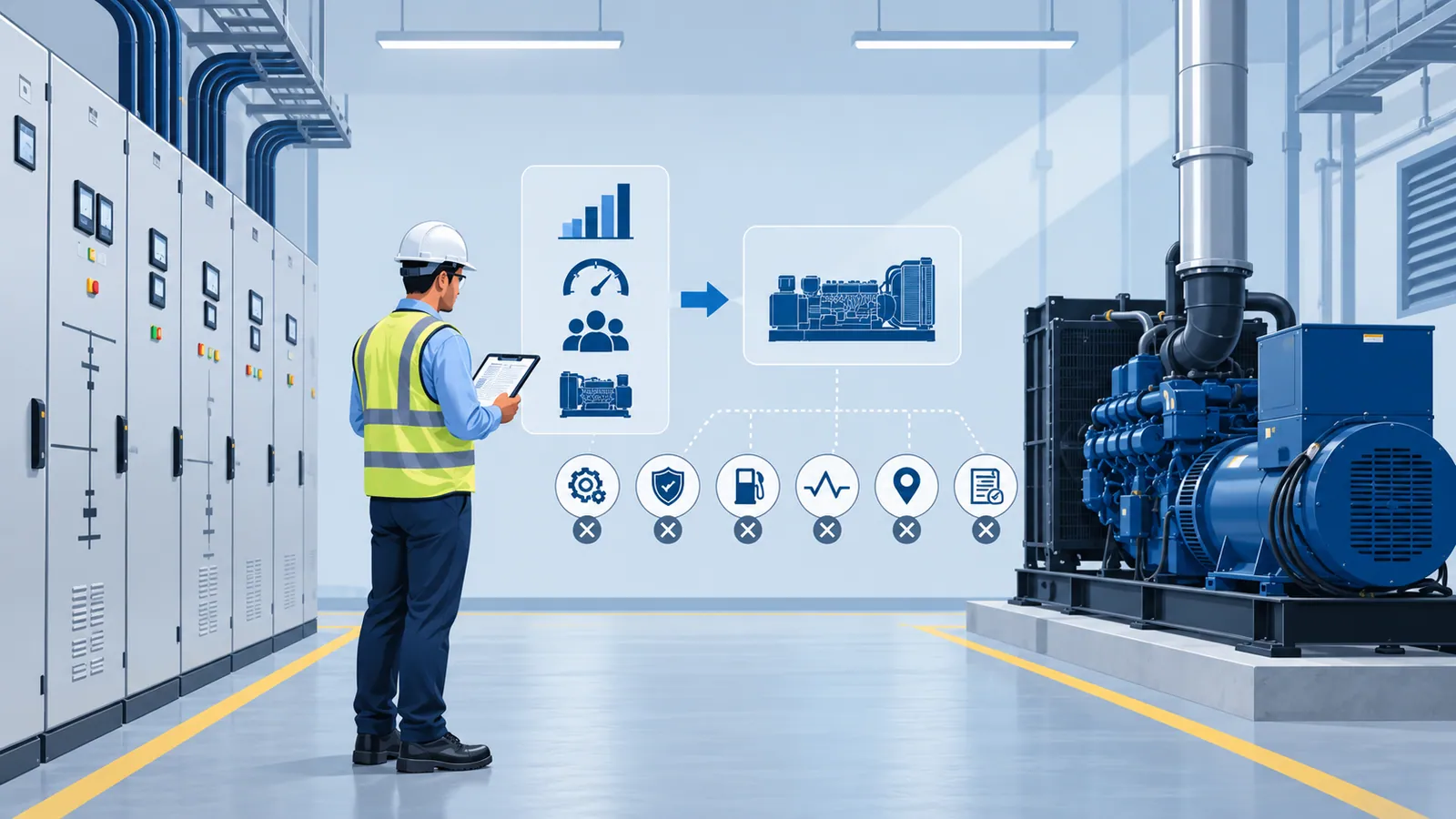 An engineer in a hard hat holds a clipboard in a generator room; an overlaid icon diagram shows load inputs feeding a generator, with a row of crossed-out icons beneath for items the estimate does not settle, beside a diesel generator set and switchgear.