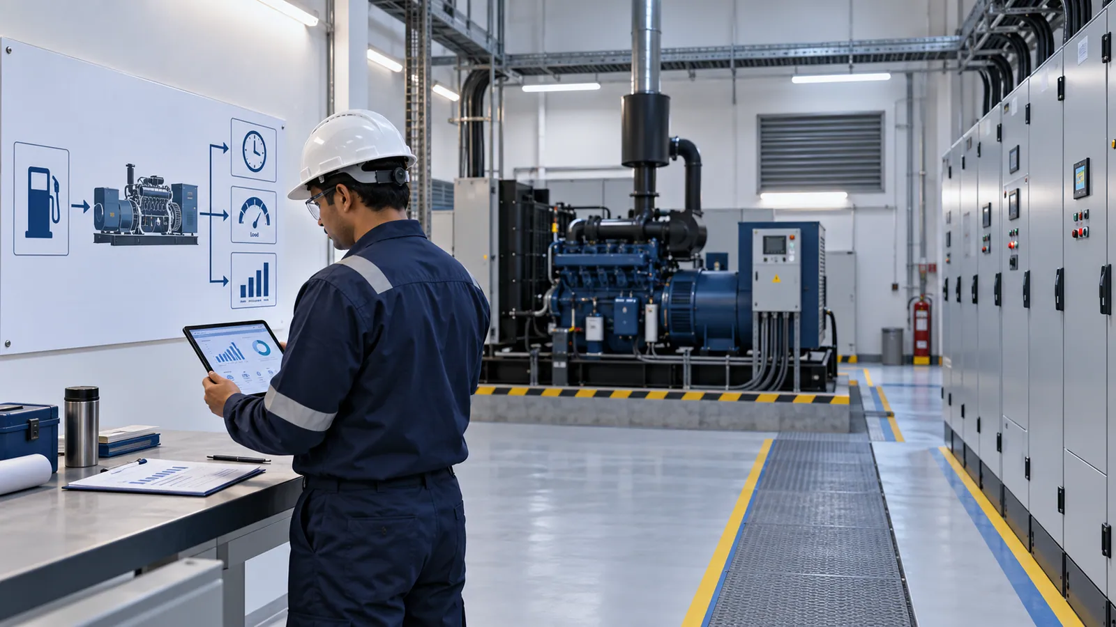An engineer in a hard hat checks a tablet chart in a generator room beside a wall diagram linking a fuel icon, a generator and icons for hours, output and cost, with a diesel generator set and control panels behind.
