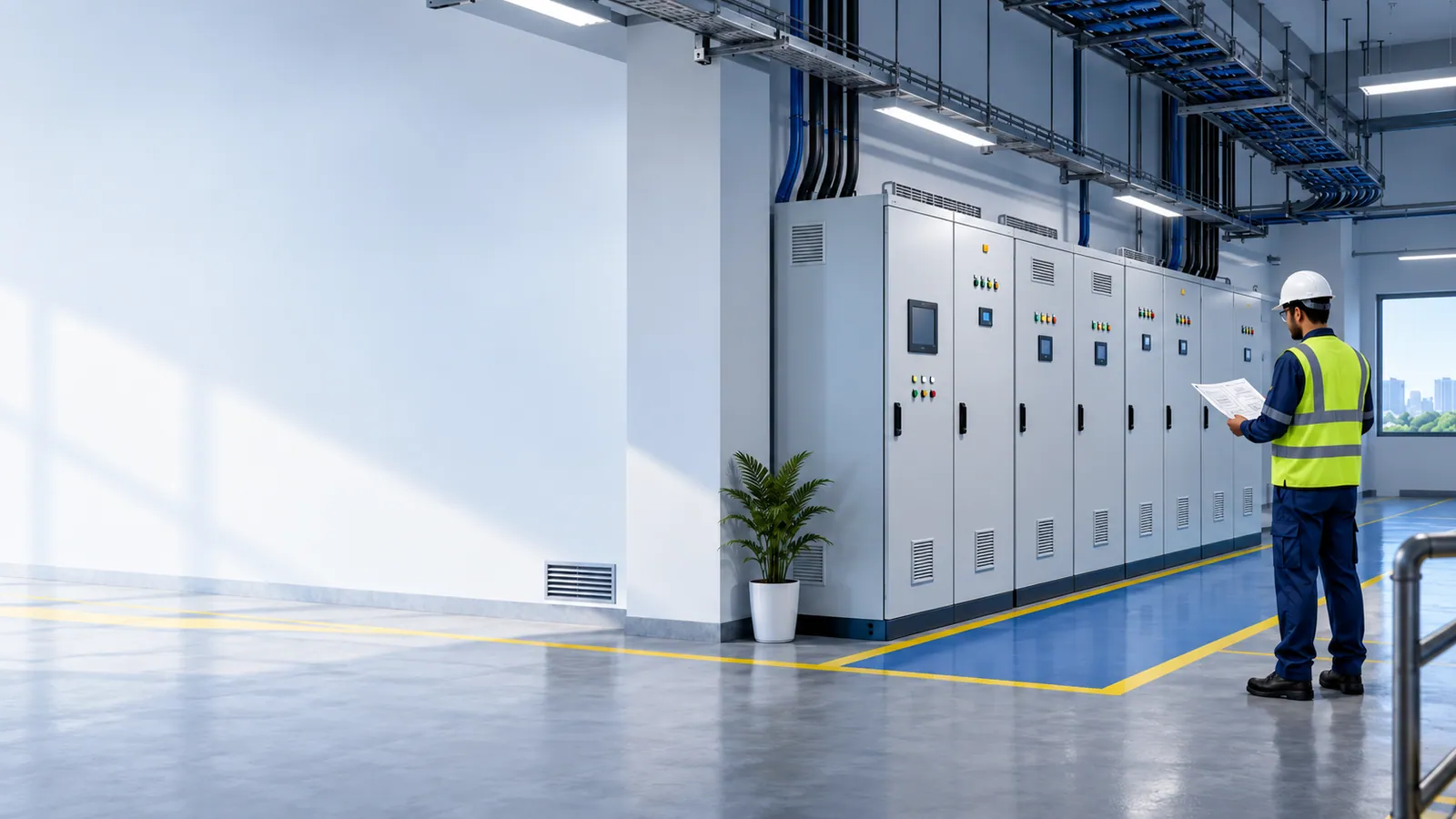 An engineer in a hard hat and reflective vest reads a sheet in front of a row of closed, ventilated panels such as capacitor and control panels, in a clean electrical room with cable trays overhead.