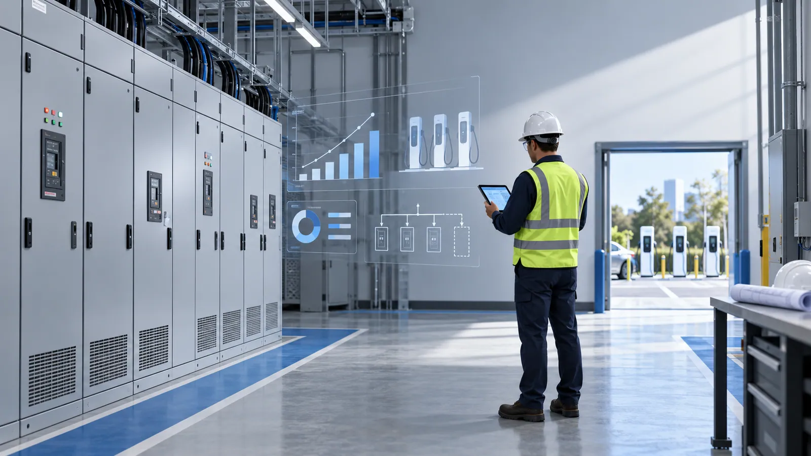 An engineer in a hard hat and high-visibility vest holds a tablet in an electrical room of closed panels, under floating graphics of chargers, a rising bar chart and a feeder branching to chargers with one shown dashed, and a doorway onto a car park lined with EV chargers.