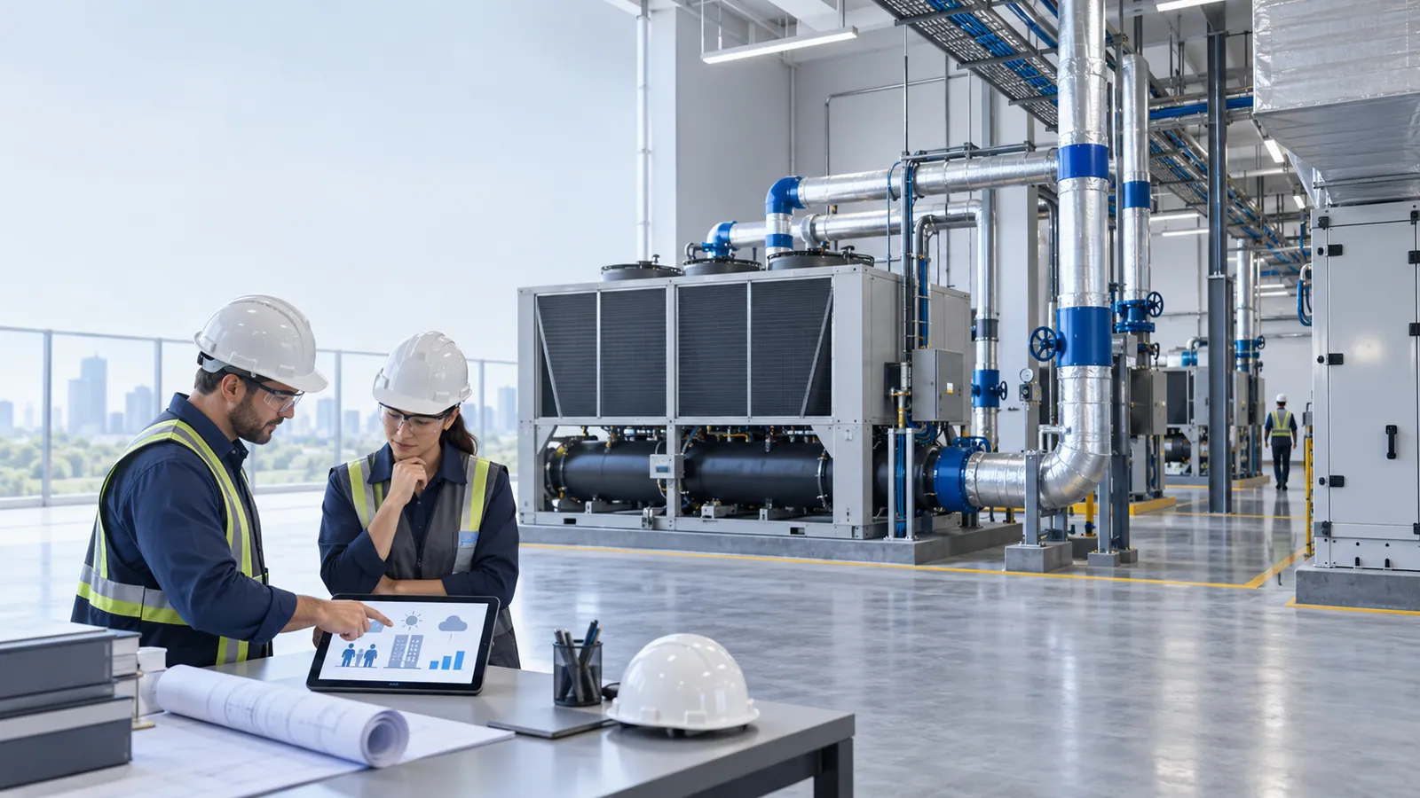 Two engineers in hard hats study a tablet showing icons for occupants, building, weather and a load chart at a desk in a rooftop plant area with an air-cooled chiller and insulated chilled-water pipes.