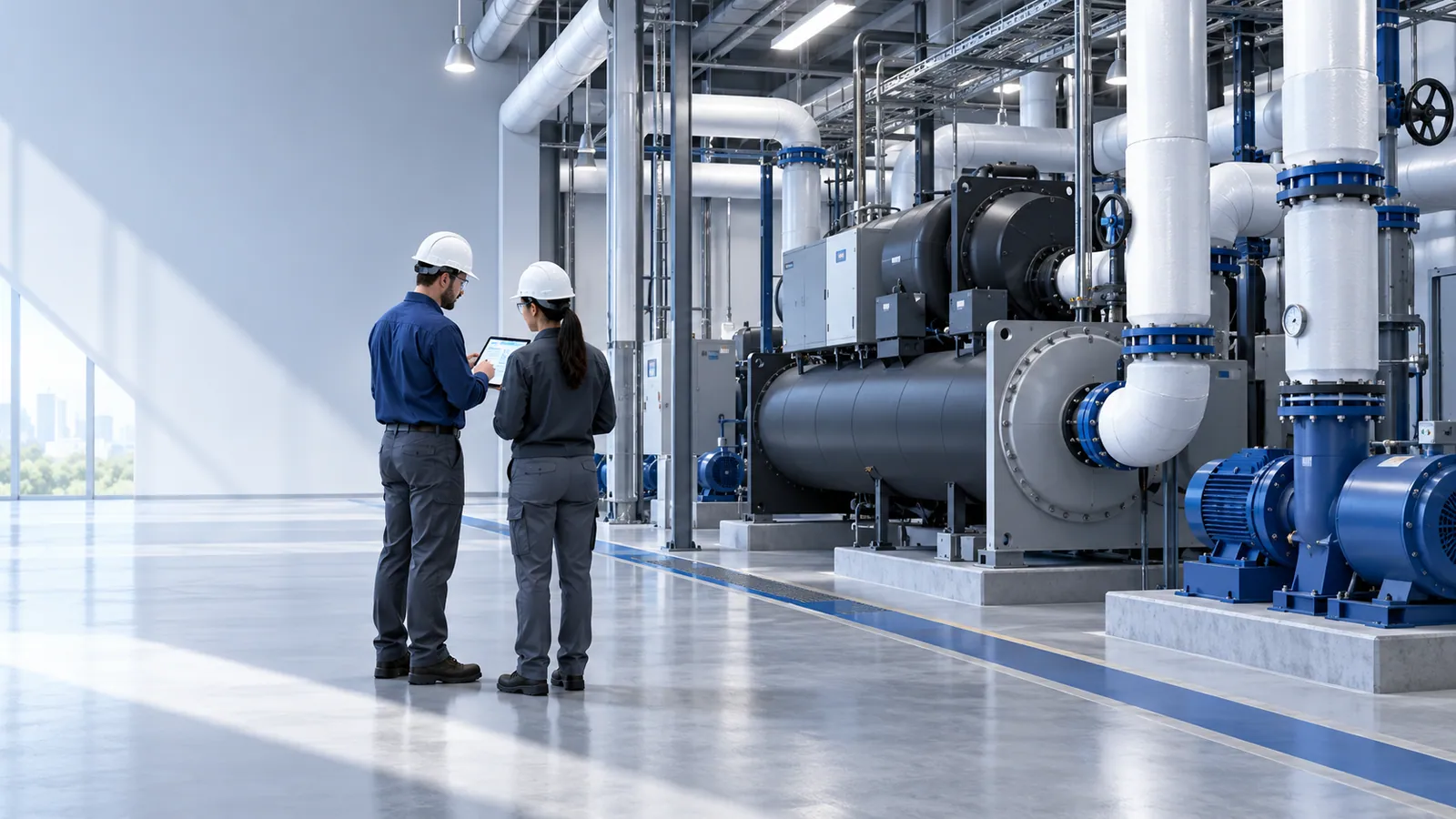 Two engineers in hard hats review a tablet in a chiller plant room beside a centrifugal chiller, insulated chilled-water pipes and blue pump sets on plinths.