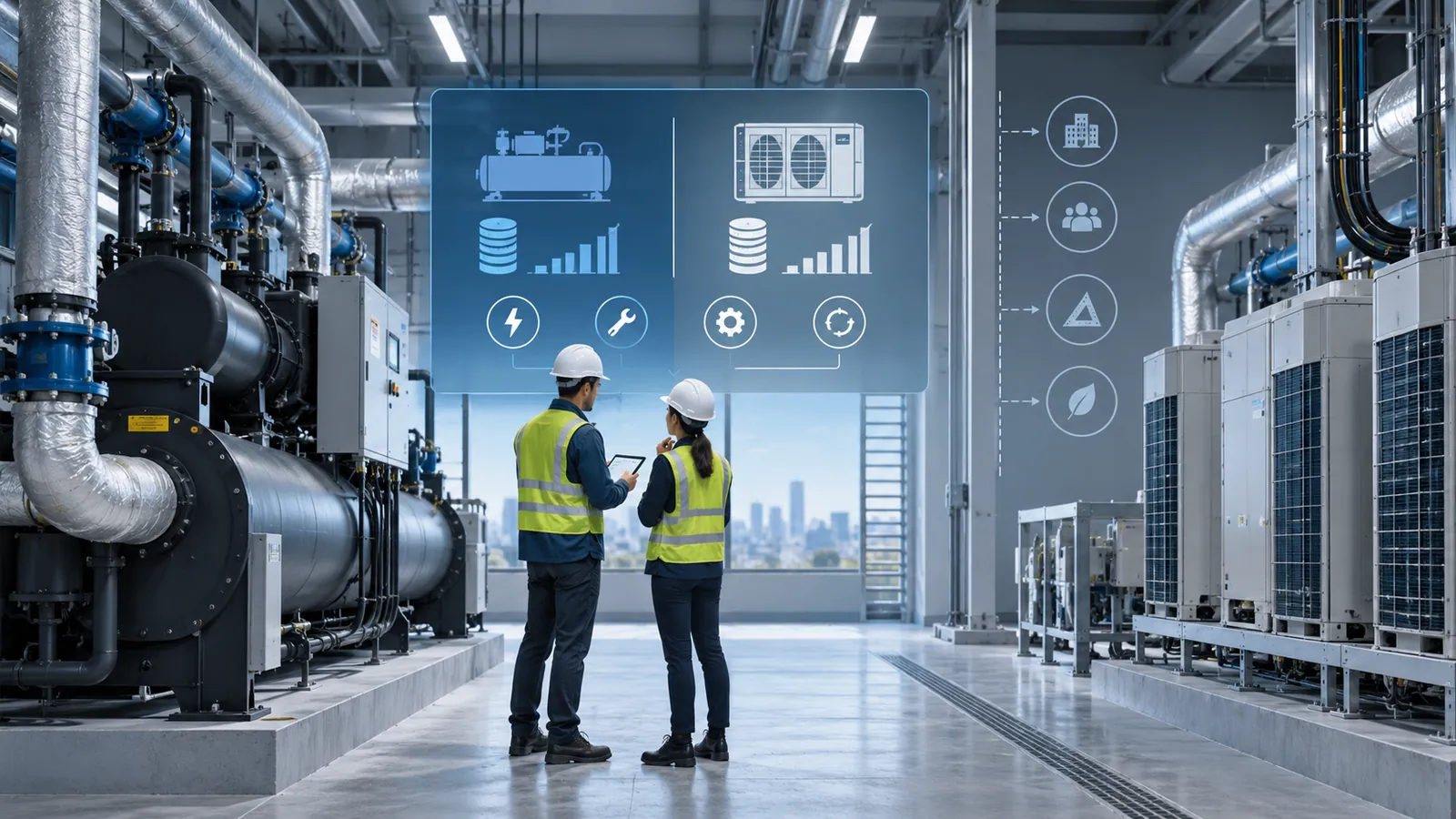 Two engineers in hard hats stand between a water-cooled chiller on the left and a bank of VRF outdoor units on the right, under an overlaid icon panel comparing the two on cost, energy, maintenance and replacement.