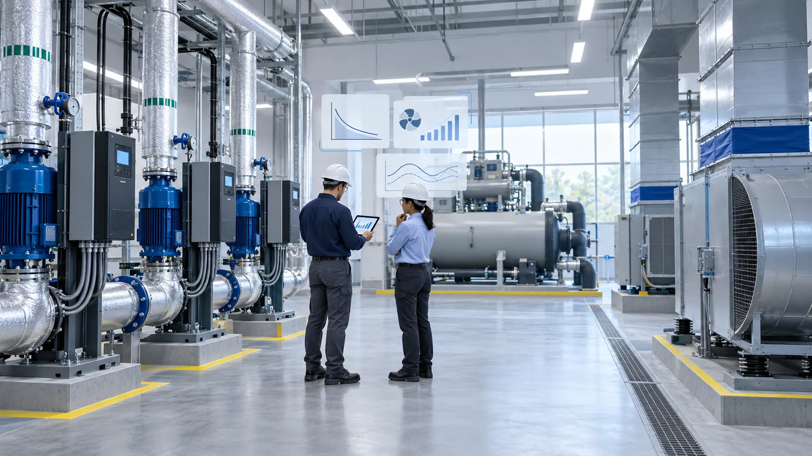 Two engineers in hard hats review a tablet in a plant room between a row of vertical pumps, each with its own drive cabinet, and a large fan unit, with chillers behind and floating graphics of a falling curve, a fan with bars and a wave.