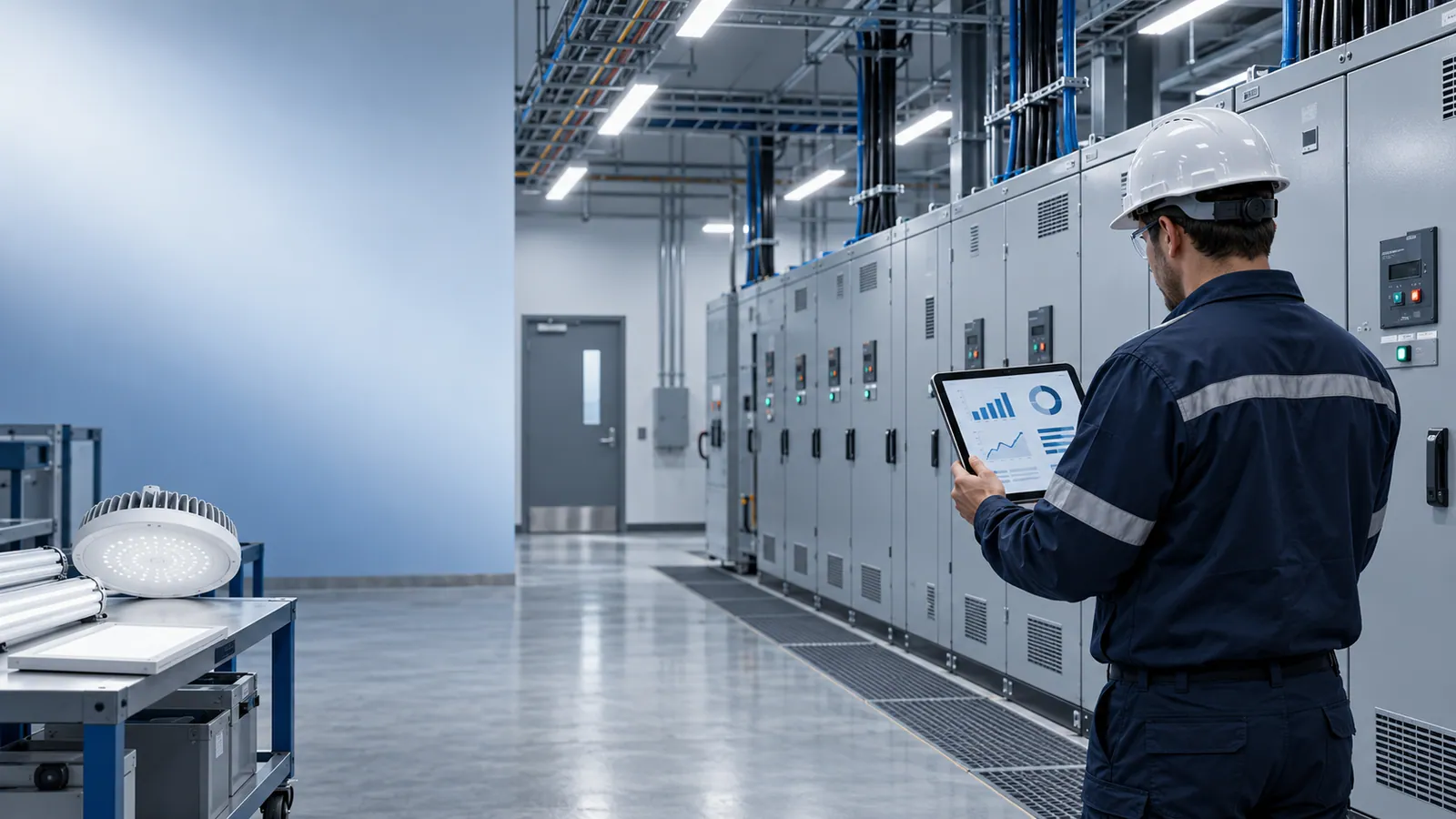 An engineer in a hard hat studies charts on a tablet beside a row of closed electrical panels, with a trolley on the left holding an LED high-bay fitting, linear tubes and a flat panel light.