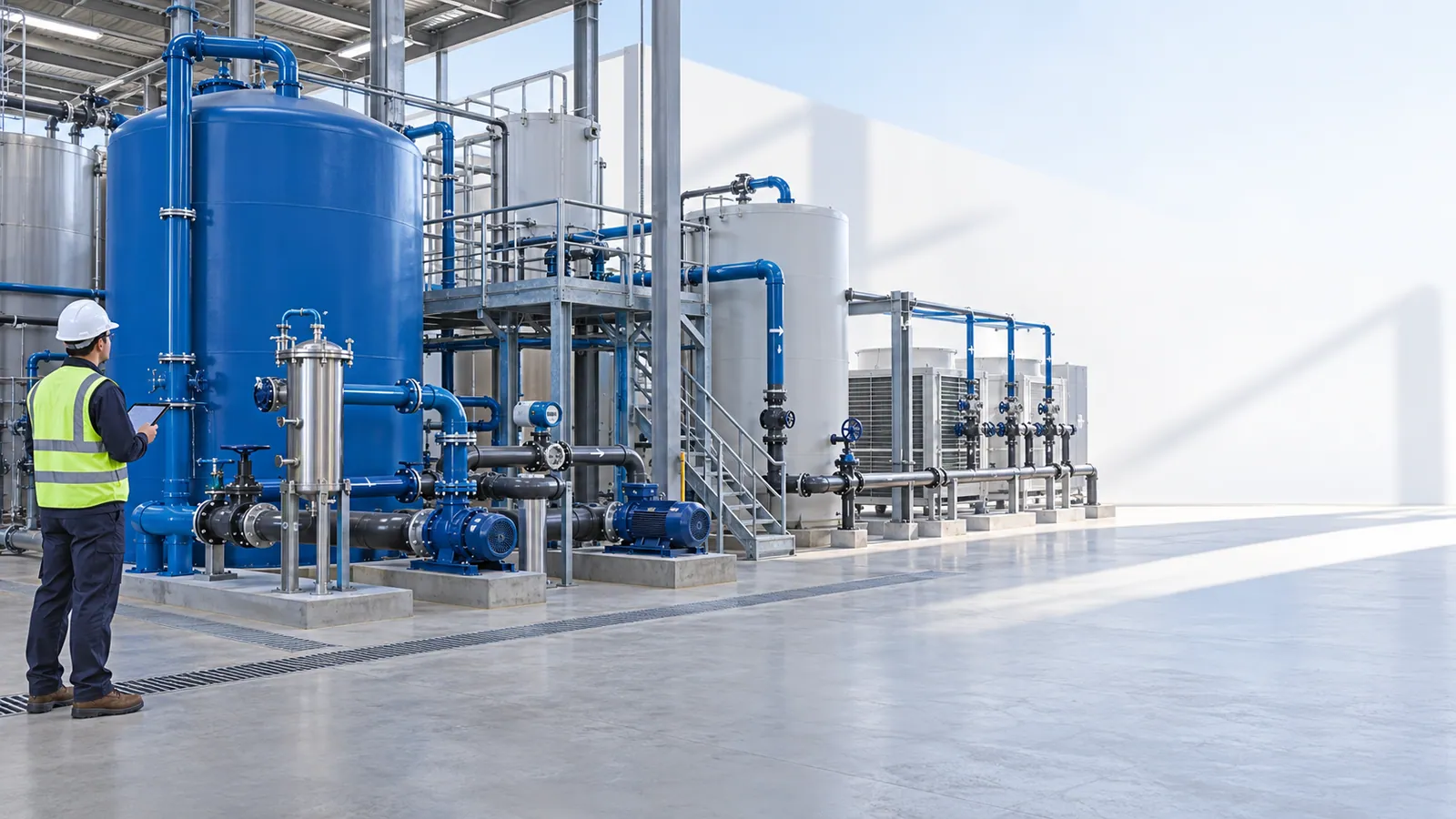 An engineer in a hard hat and high-visibility vest holds a tablet beside a water treatment area of blue and white tanks, cartridge filters and pumps on plinths, with platforms and pipe racks behind.