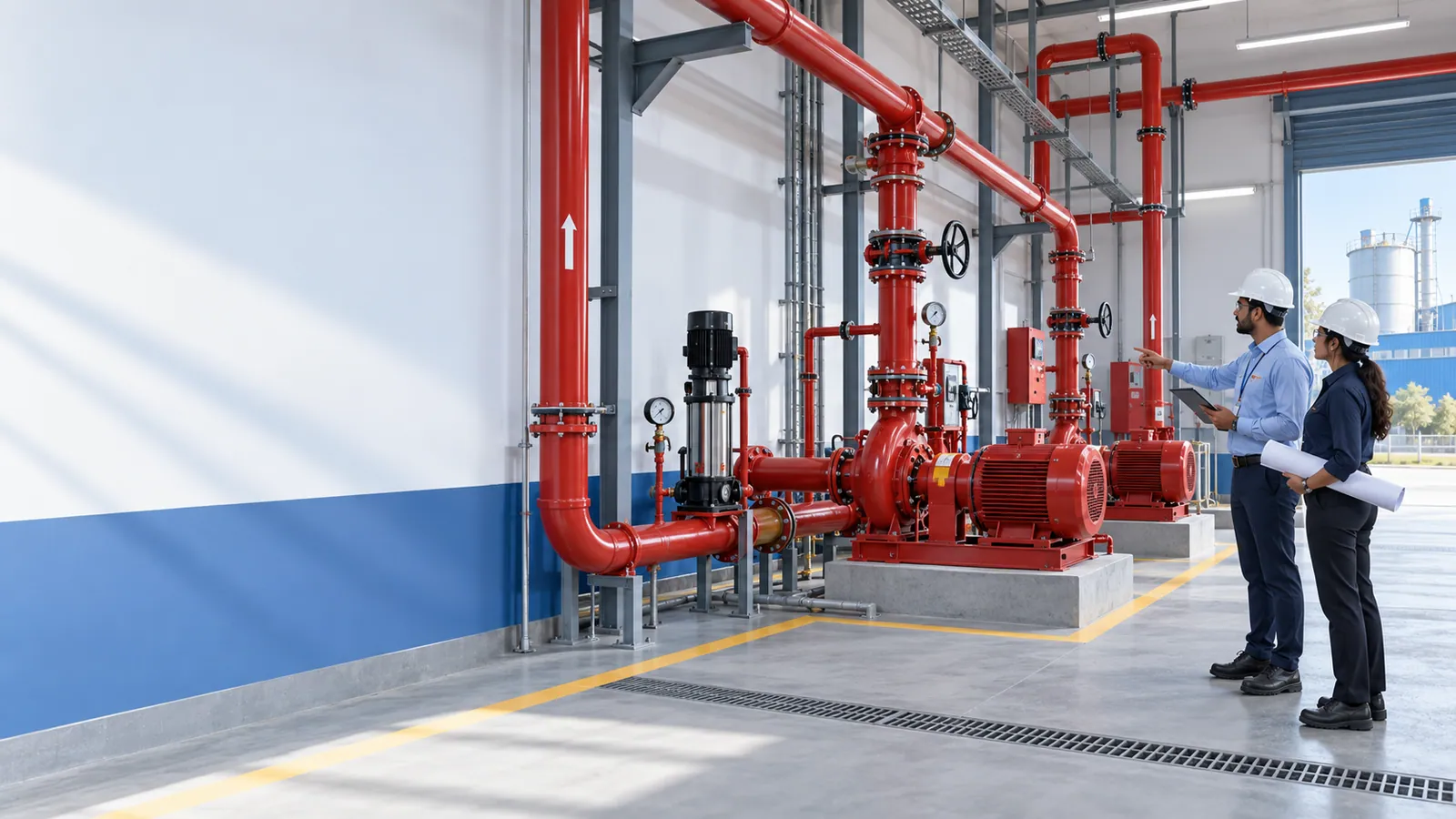 Two engineers, one holding drawings, look over a fire pump set and jockey pump with red pipework, valves and gauges on plinths in a clean pump room, with a marked walkway and drain channel.