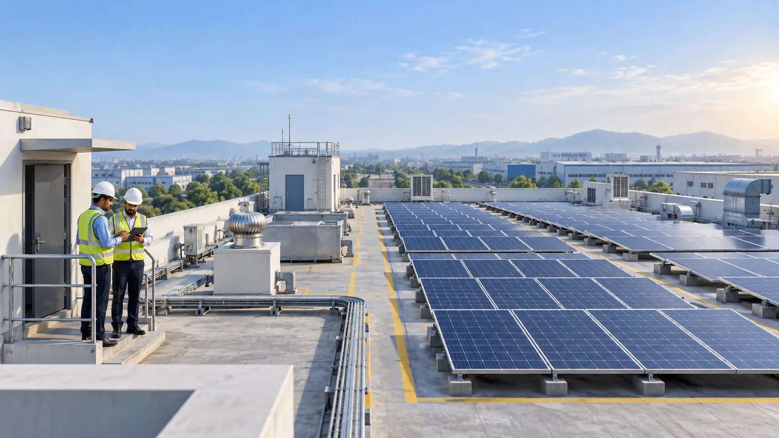 Two people in hard hats and safety vests stand by the railed roof access of a factory roof with rows of solar panels, marked walkways, turbo ventilators, air-conditioning units and a water tank.