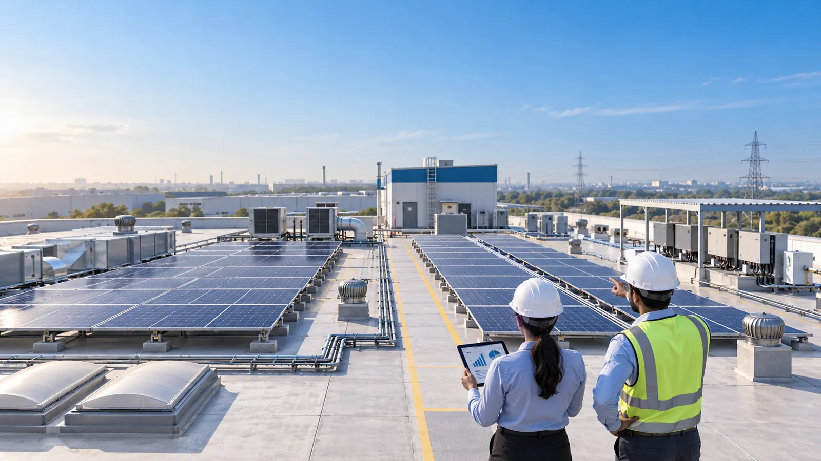 Two engineers in hard hats review a chart on a tablet on a factory roof between rows of solar panels, with inverters under a shelter, ventilators and a transmission tower in the distance.
