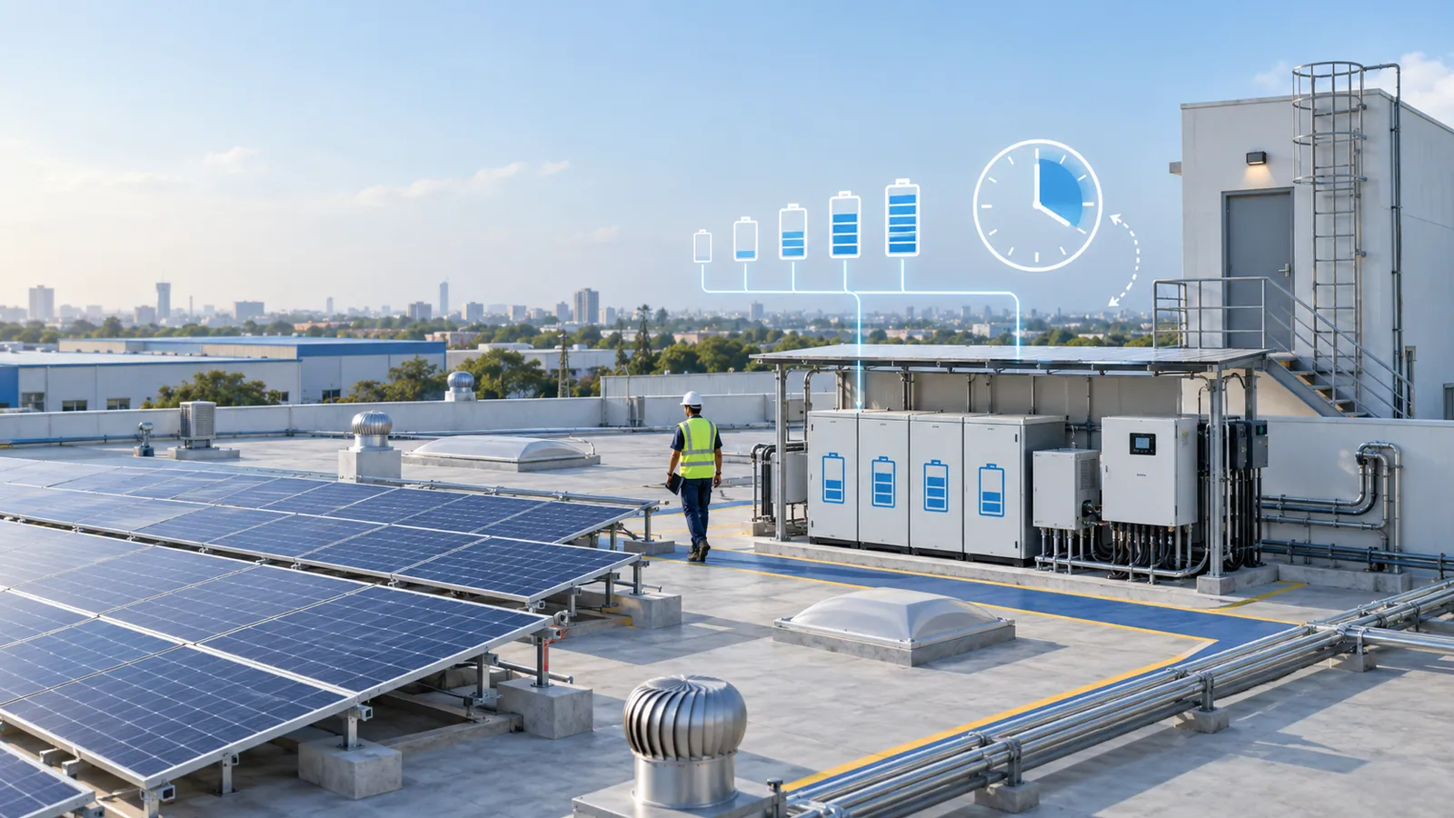 A worker in a hard hat and high-visibility vest walks across a factory roof past rows of solar panels towards a row of battery cabinets and an inverter, with battery-level icons and a clock face above them.