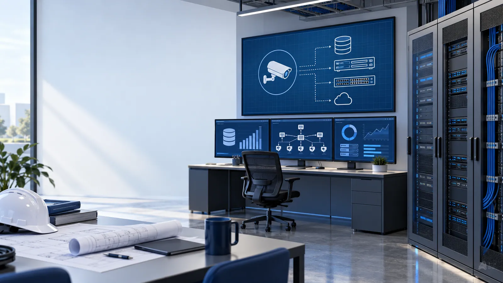 A security control room with a desk of monitors and a wall screen that diagrams cameras feeding storage, network switches and cloud backup, beside racks of recorders and a desk with drawings and a hard hat.