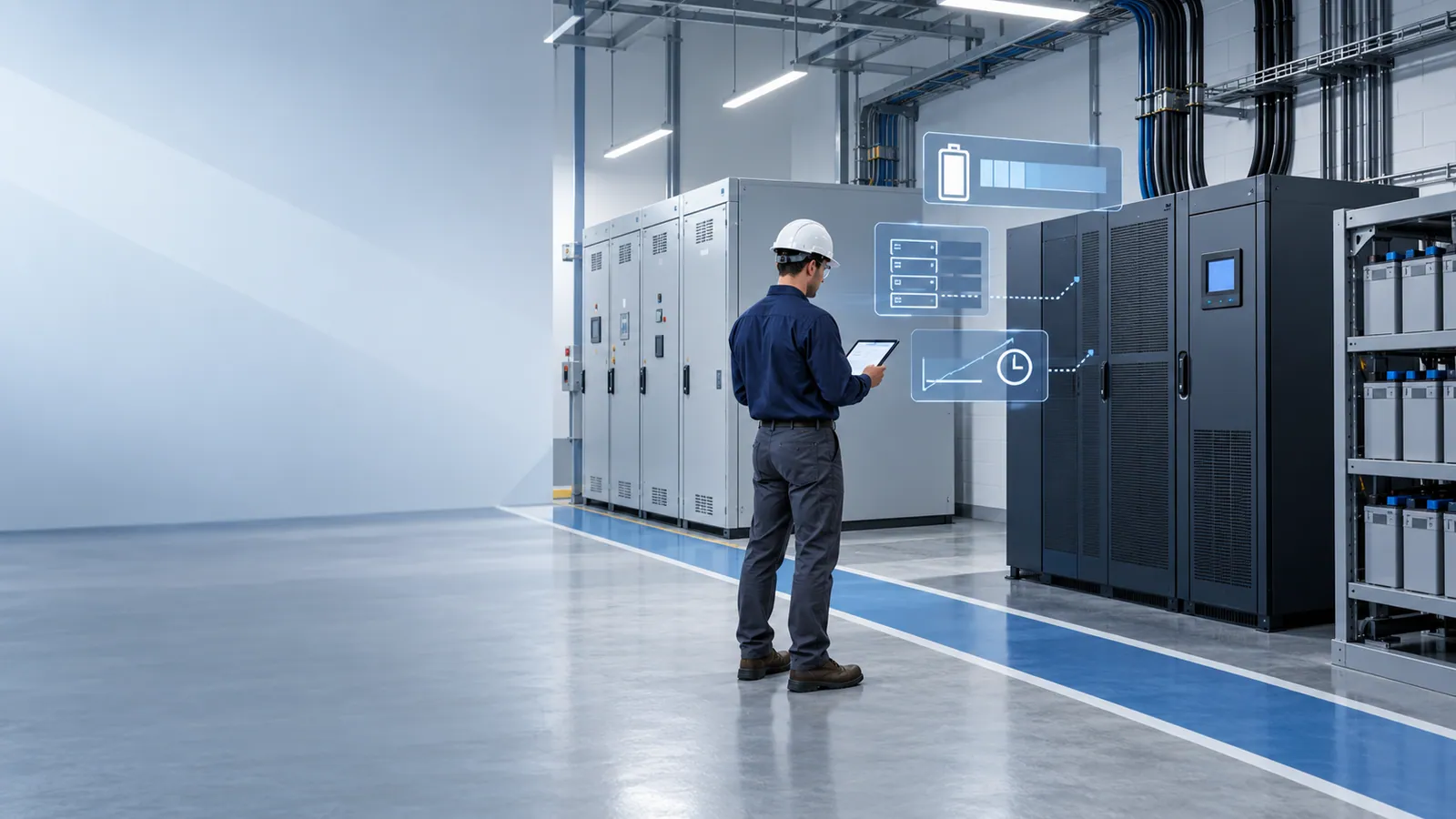 An engineer in a hard hat checks a tablet in a UPS room between UPS cabinets and racks of batteries, with icons for battery, load and time floating above the equipment.