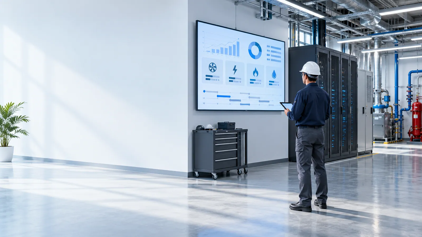 An engineer in a hard hat holds a tablet in a facility operations area facing a wall screen of abstract charts and icons for fans, power, fire and water, beside a tool cabinet and network racks, with a fire pump and pipework beyond.