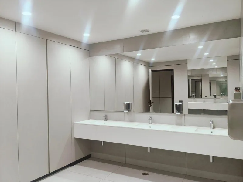 Office washroom with counter-mounted basins, wall-mounted taps and mirror panel