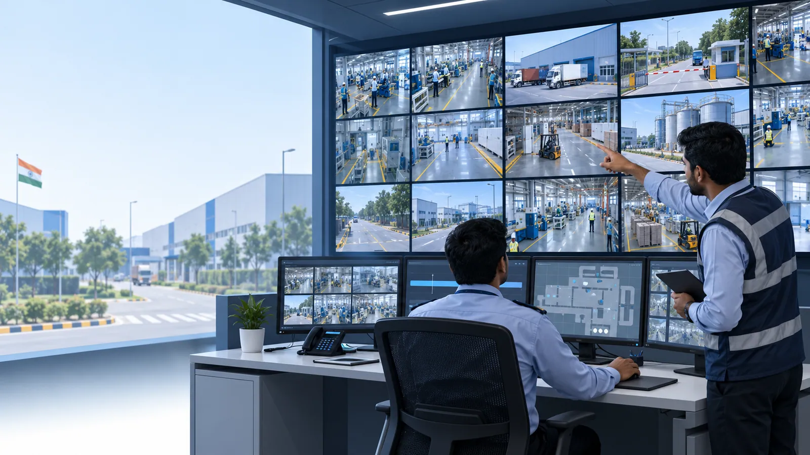 A security control room in an Indian industrial estate: an operator at a desk in front of a video wall of live camera tiles from factory floors, gates and yards, with a timeline strip on the desk monitors and a second engineer pointing at one tile.