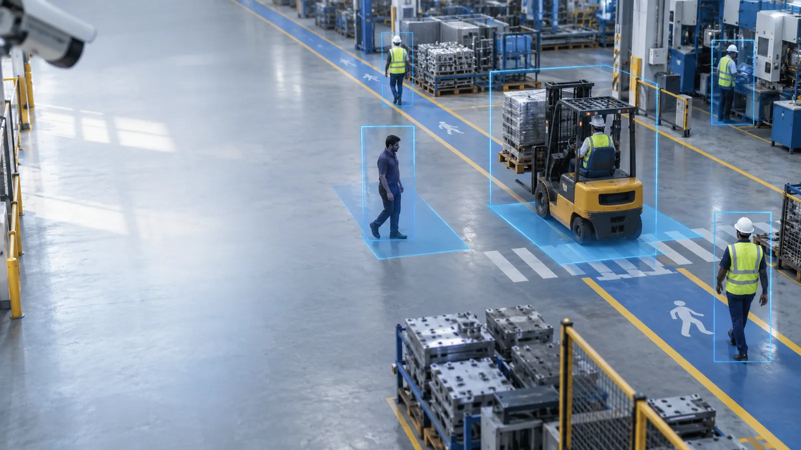 A factory shop floor seen from a mounted camera: workers in hard hats and high-visibility vests, a forklift in a marked lane, and translucent blue outline boxes highlighting a worker without a helmet and the forklift crossing a pedestrian line.