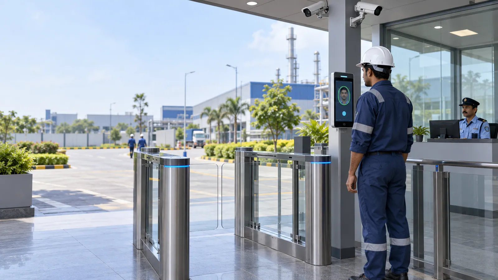 A factory entrance with a glass turnstile and a slim face-recognition terminal on a pillar: a worker in a hard hat faces the terminal, whose screen shows an oval face frame with a green outline, while a guard watches from a desk behind.