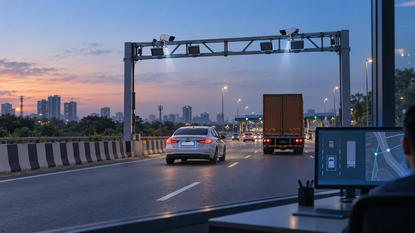 An Indian arterial road at dusk with a gantry of ANPR cameras and radar units over two lanes, a car and a truck passing beneath with a faint outline around a number plate, and a command-centre monitor showing lane tiles and a map in the foreground.