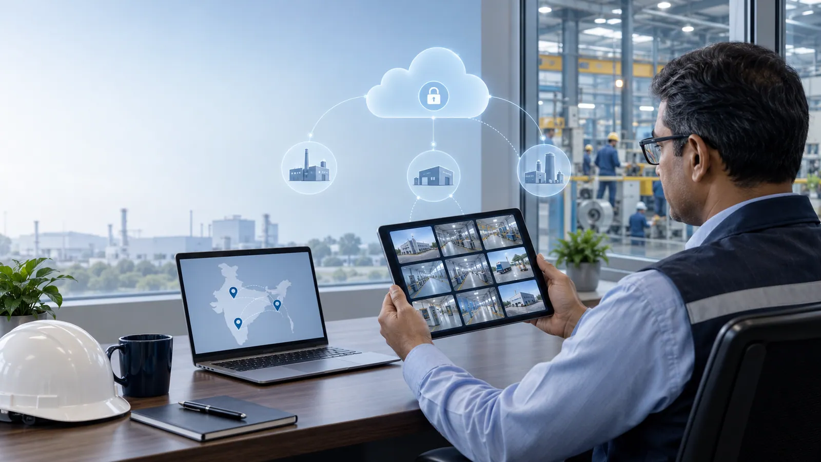 A plant manager in an office with a window onto a factory hall holds a tablet showing a grid of camera tiles from several sites, beside a laptop showing a map with three pinned locations and a soft cloud motif above the devices.