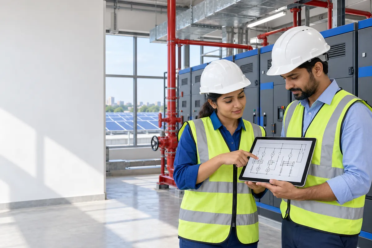 Illustration: two engineers in hard hats and hi-vis vests review an electrical drawing on a tablet beside LT panels and fire-fighting pipework, with a rooftop solar array beyond the window