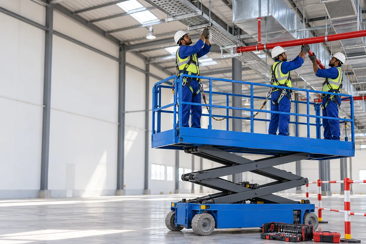 Illustration: a three-person installation crew in safety harnesses fits cable trays and sprinkler pipework from a scissor lift in an industrial shed