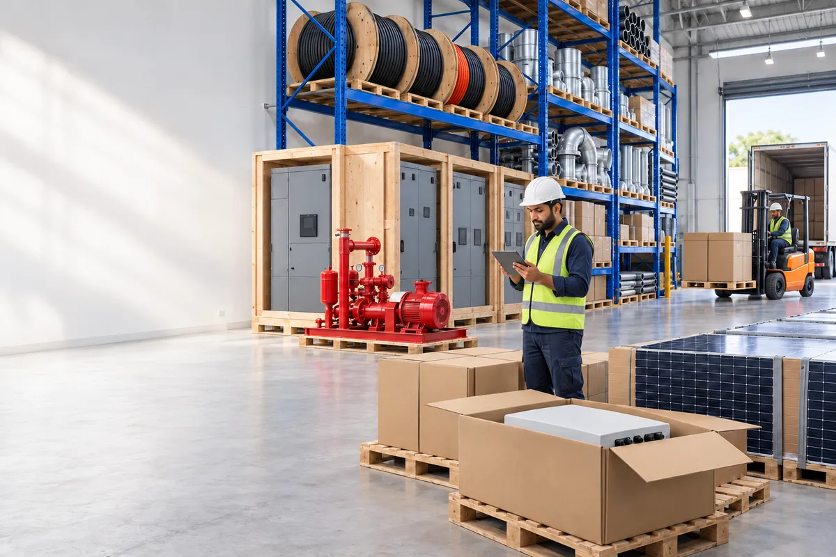 Illustration: a store manager checks a delivery on a tablet in a warehouse stocked with cable drums, switchgear panels, a fire pump set and solar modules